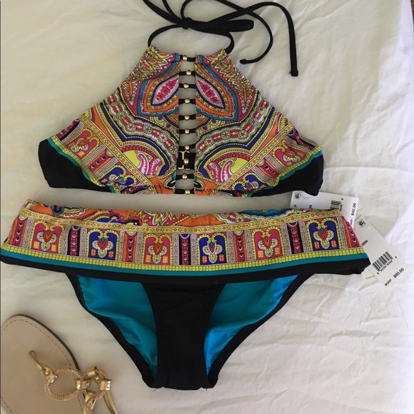 Trina Turk Other - NWT Trina Turk Bikini Set Black Gold Red Purple